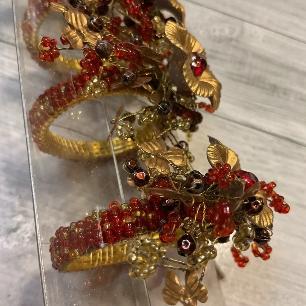 Pier 1 Gold Red Floral napkin rings kitchen decor set 4